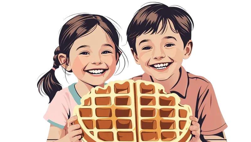 Bruzzy Waffles Mascots - Happy Kids holding fresh waffle